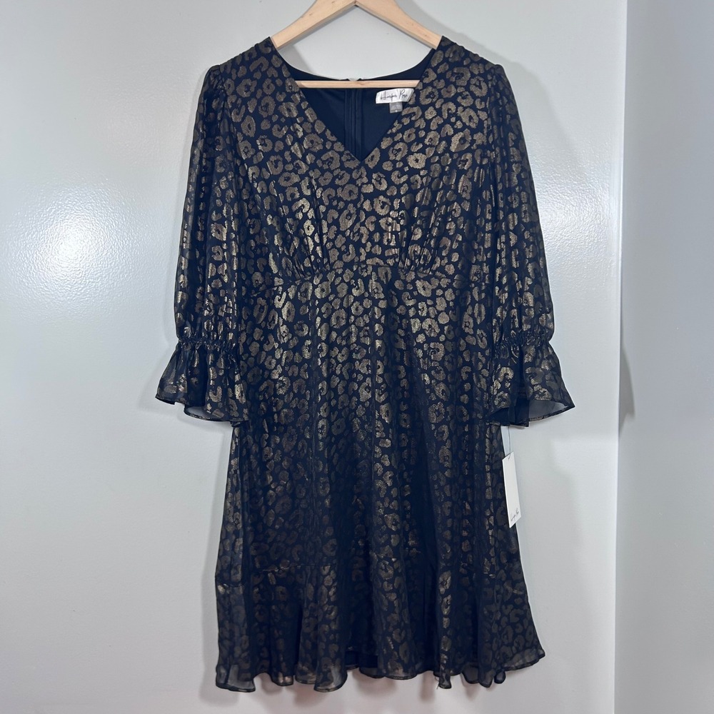 Harper Rose Black Gold Metallic Leopard V-Neck Balloon Sleeve Dress 10 NWT